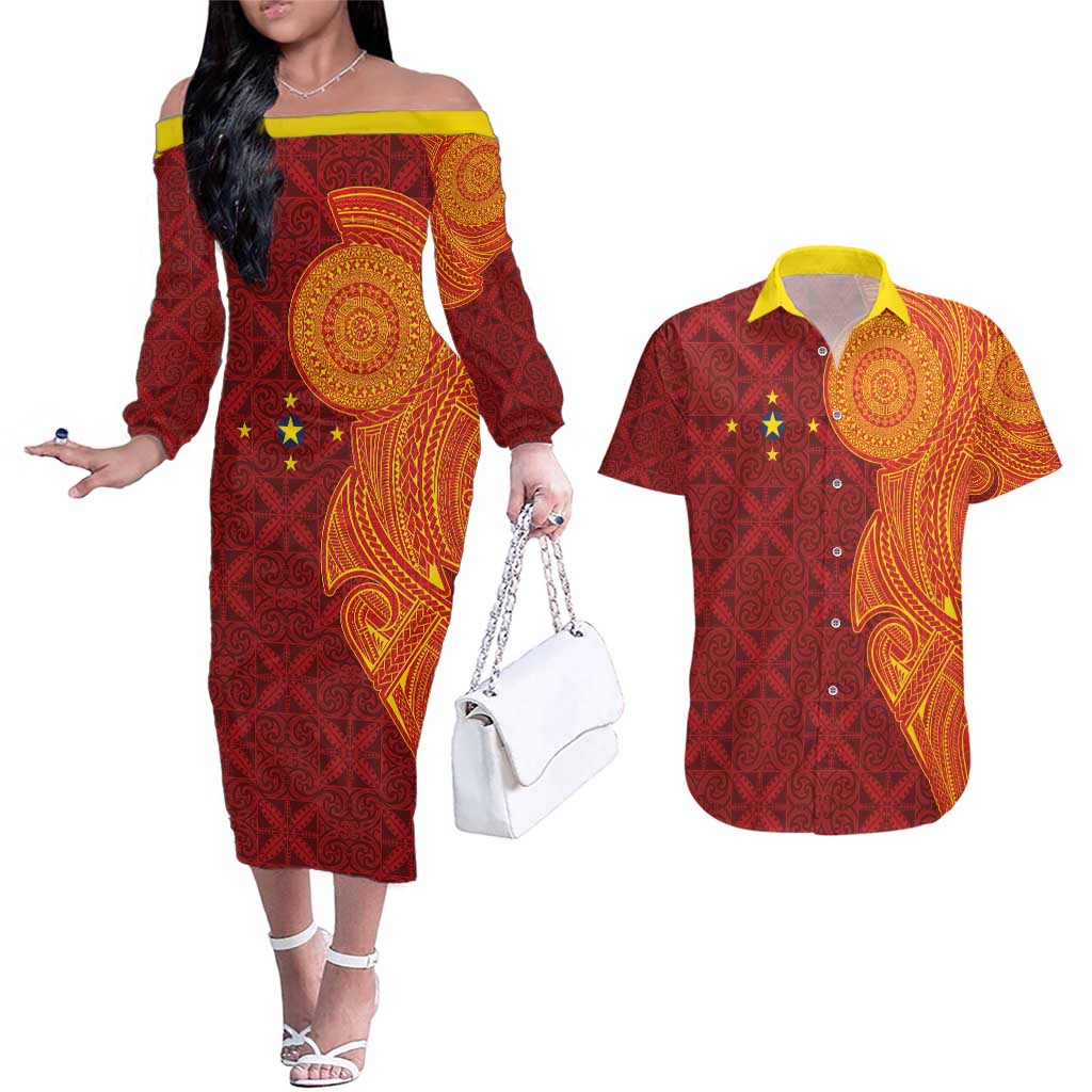 Niue Polynesian Hiapo Tattoo Art Couples Matching Off The Shoulder Long Sleeve Dress and Hawaiian Shirt Half Style Red Yellow Color - Polynesian Pride