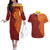 Niue Polynesian Hiapo Tattoo Art Couples Matching Off The Shoulder Long Sleeve Dress and Hawaiian Shirt Half Style Red Yellow Color - Polynesian Pride