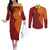 Niue Polynesian Hiapo Tattoo Art Couples Matching Off The Shoulder Long Sleeve Dress and Long Sleeve Button Shirt Half Style Red Yellow Color - Polynesian Pride