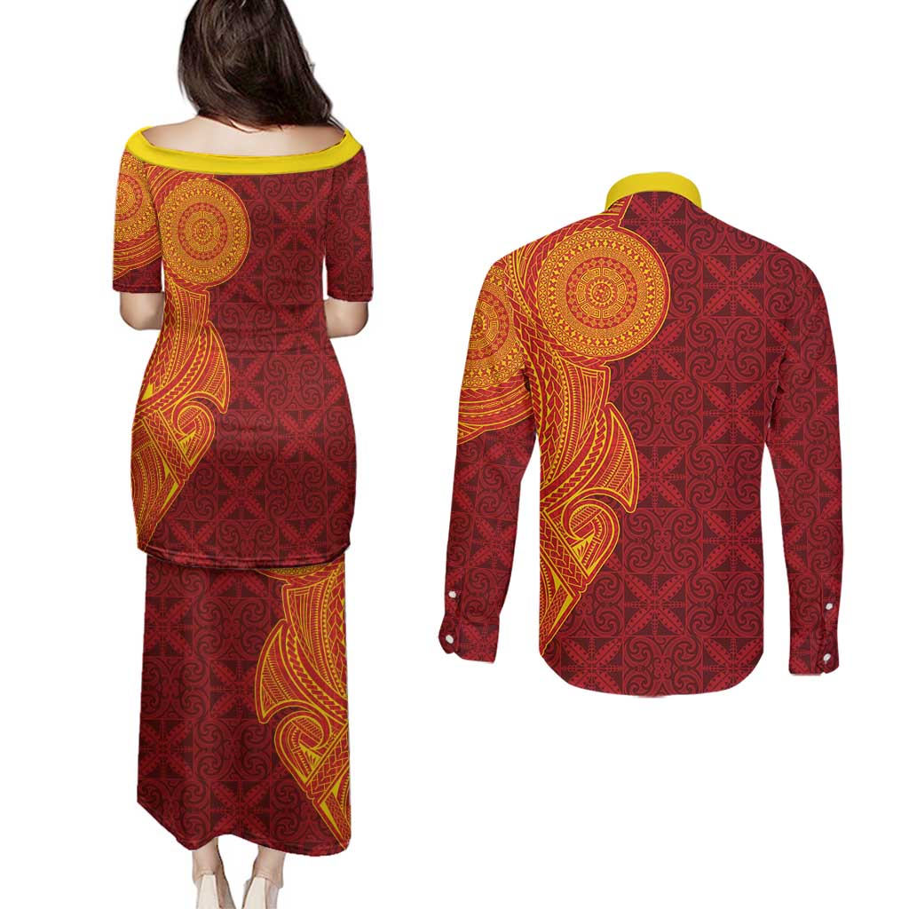 Niue Polynesian Hiapo Tattoo Art Couples Matching Puletasi and Long Sleeve Button Shirt Half Style Red Yellow Color - Polynesian Pride