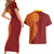 Niue Polynesian Hiapo Tattoo Art Couples Matching Short Sleeve Bodycon Dress and Hawaiian Shirt Half Style Red Yellow Color - Polynesian Pride