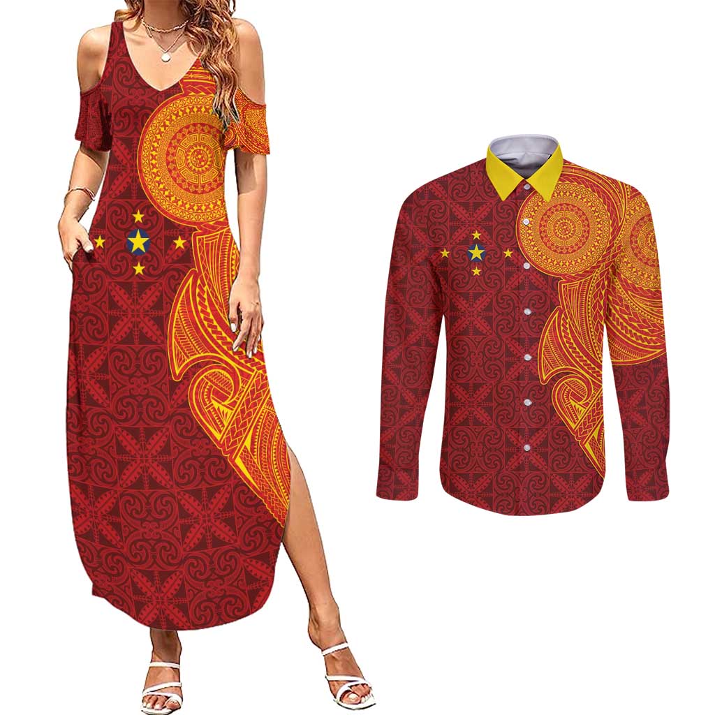 Niue Polynesian Hiapo Tattoo Art Couples Matching Summer Maxi Dress and Long Sleeve Button Shirt Half Style Red Yellow Color - Polynesian Pride
