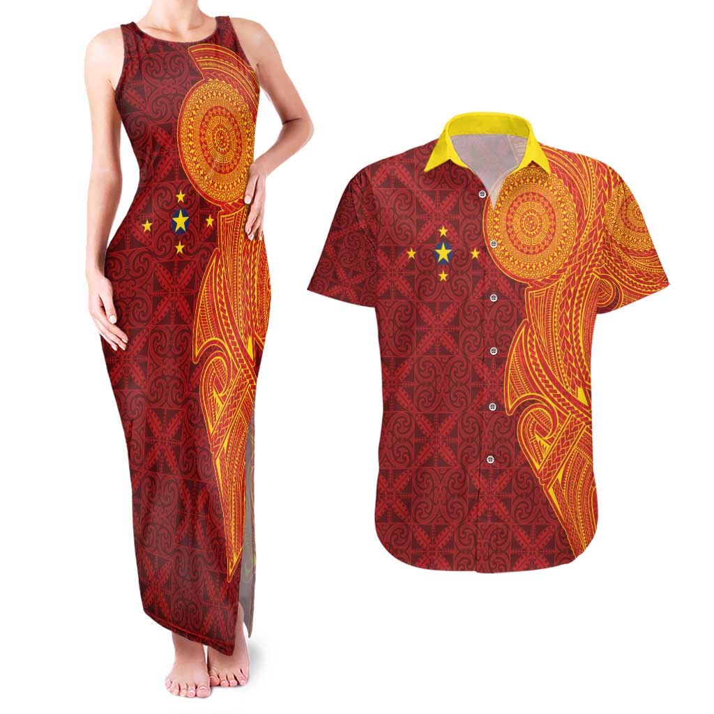 Niue Polynesian Hiapo Tattoo Art Couples Matching Tank Maxi Dress and Hawaiian Shirt Half Style Red Yellow Color - Polynesian Pride