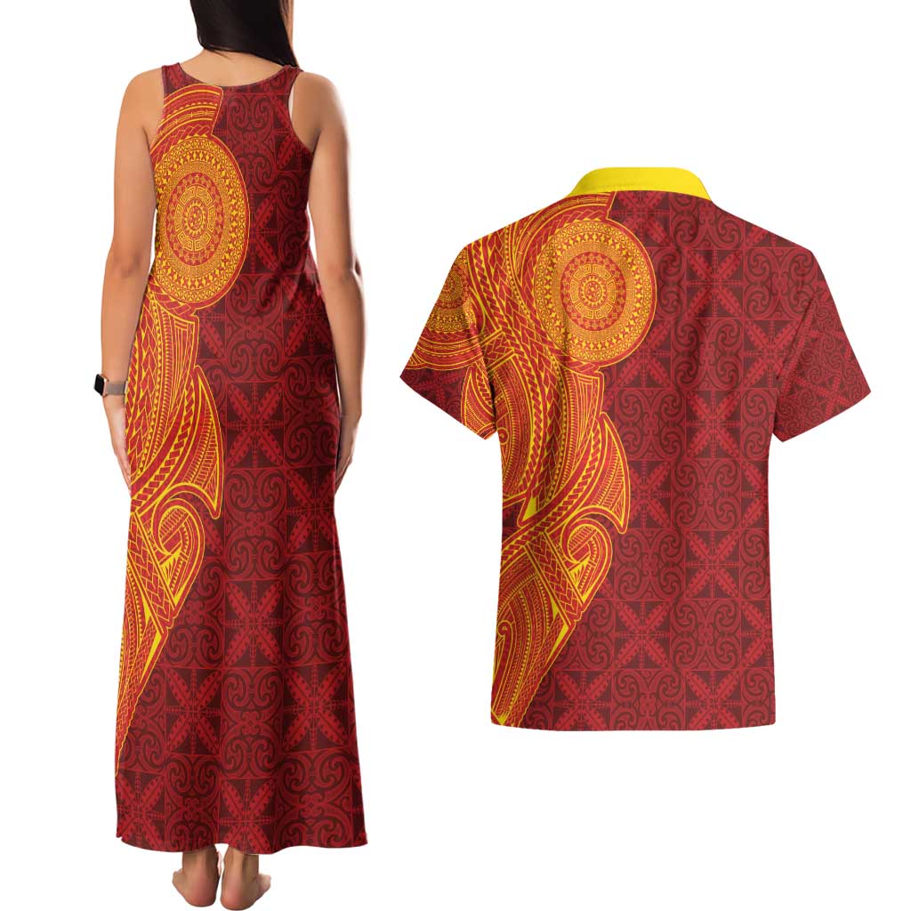 Niue Polynesian Hiapo Tattoo Art Couples Matching Tank Maxi Dress and Hawaiian Shirt Half Style Red Yellow Color - Polynesian Pride