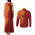 Niue Polynesian Hiapo Tattoo Art Couples Matching Tank Maxi Dress and Long Sleeve Button Shirt Half Style Red Yellow Color - Polynesian Pride