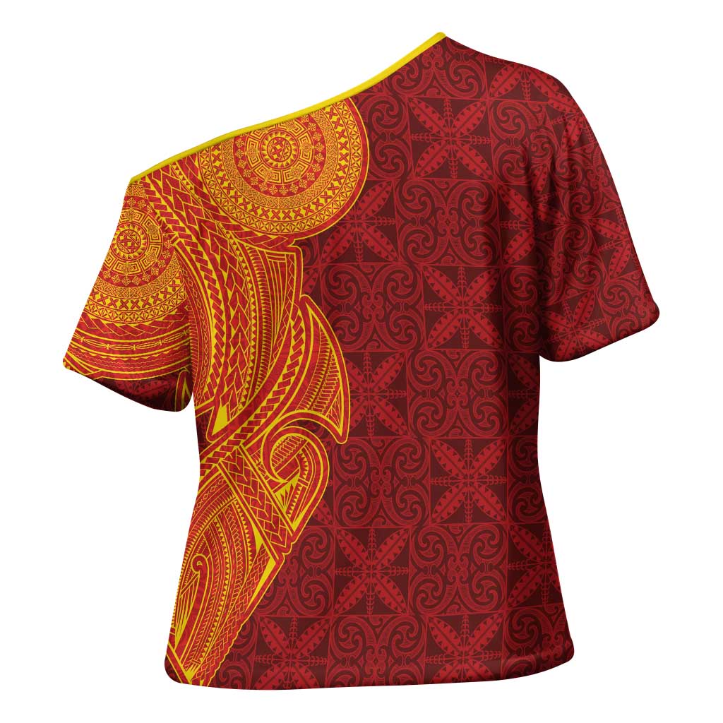 Niue Polynesian Hiapo Tattoo Art Cross Shoulder Shirt Half Style Red Yellow Color - Polynesian Pride