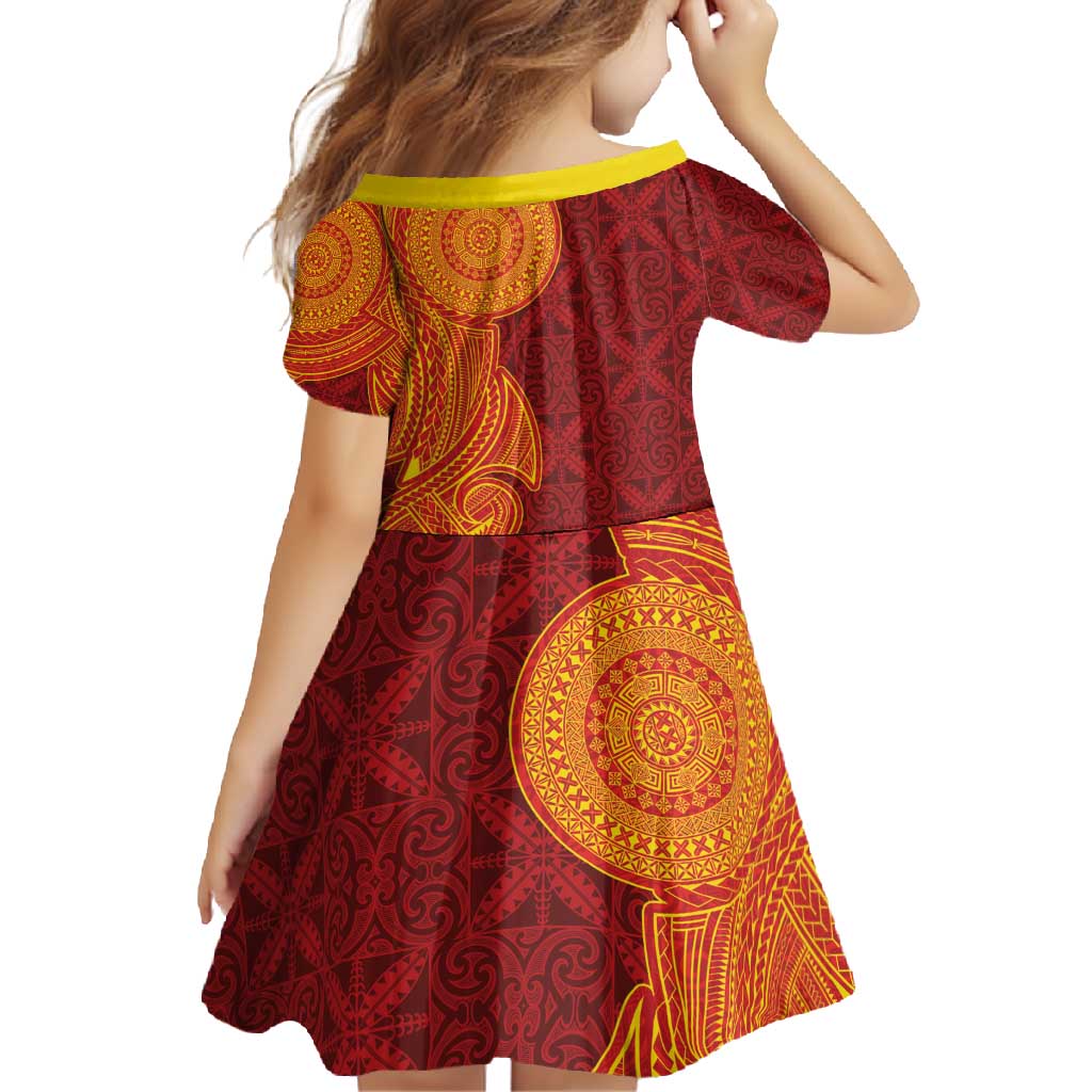 Niue Polynesian Hiapo Tattoo Art Family Matching Mermaid Dress and Hawaiian Shirt Half Style Red Yellow Color - Polynesian Pride