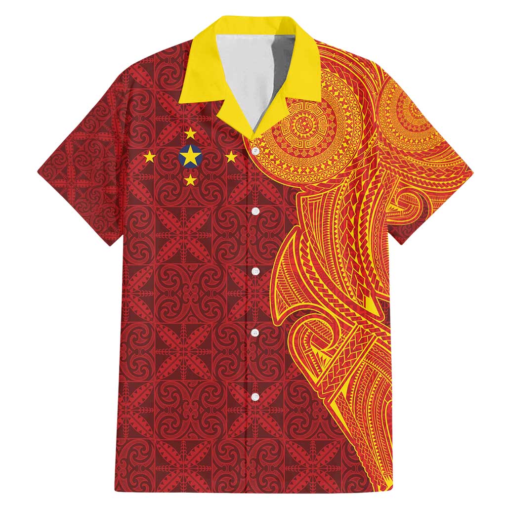 Niue Polynesian Hiapo Tattoo Art Family Matching Mermaid Dress and Hawaiian Shirt Half Style Red Yellow Color - Polynesian Pride