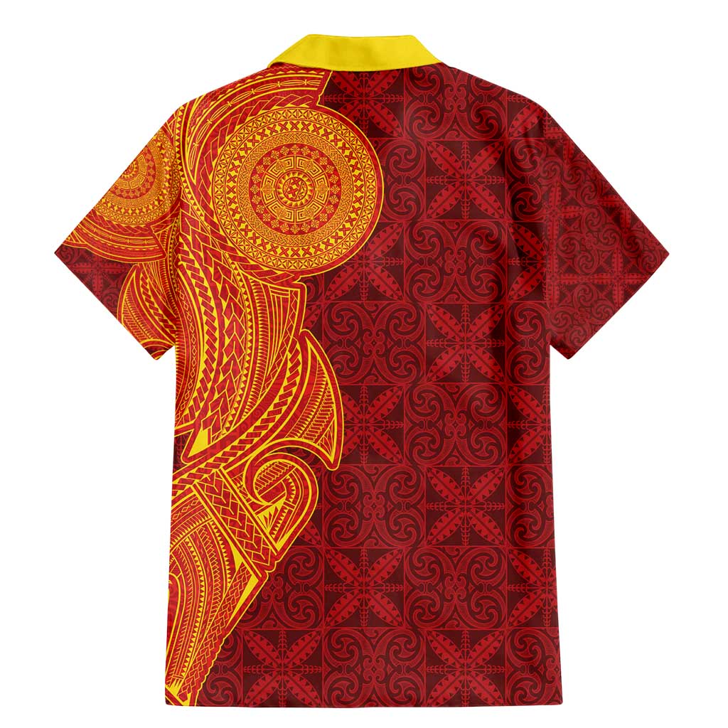 Niue Polynesian Hiapo Tattoo Art Family Matching Mermaid Dress and Hawaiian Shirt Half Style Red Yellow Color - Polynesian Pride