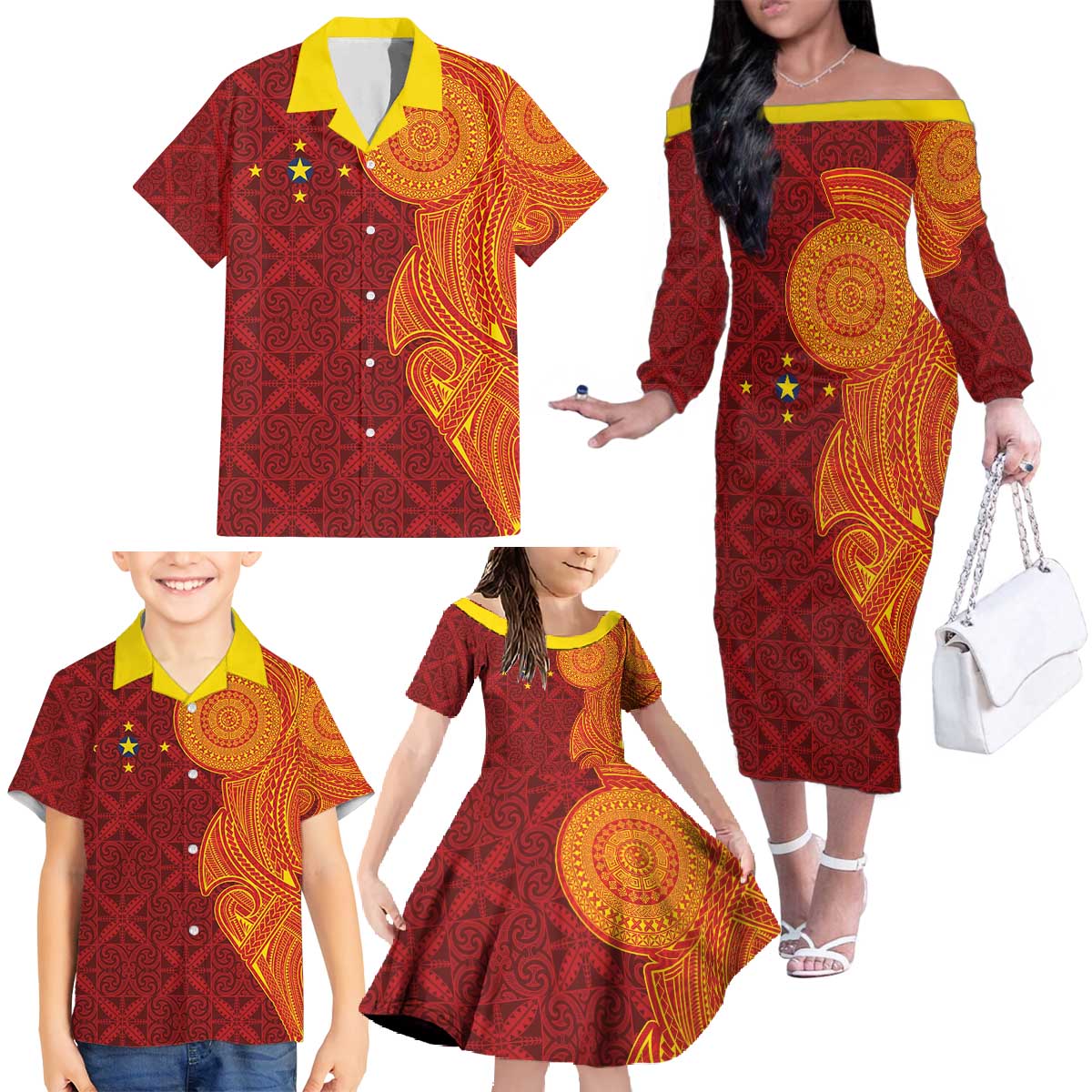 Niue Polynesian Hiapo Tattoo Art Family Matching Off The Shoulder Long Sleeve Dress and Hawaiian Shirt Half Style Red Yellow Color - Polynesian Pride