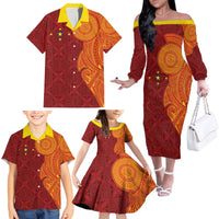 Niue Polynesian Hiapo Tattoo Art Family Matching Off The Shoulder Long Sleeve Dress and Hawaiian Shirt Half Style Red Yellow Color - Polynesian Pride