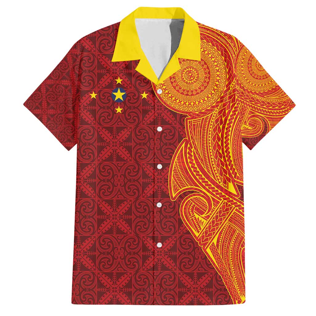 Niue Polynesian Hiapo Tattoo Art Family Matching Off Shoulder Maxi Dress and Hawaiian Shirt Half Style Red Yellow Color - Polynesian Pride