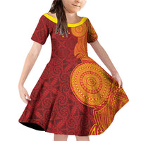 Niue Polynesian Hiapo Tattoo Art Family Matching Off Shoulder Short Dress and Hawaiian Shirt Half Style Red Yellow Color - Polynesian Pride