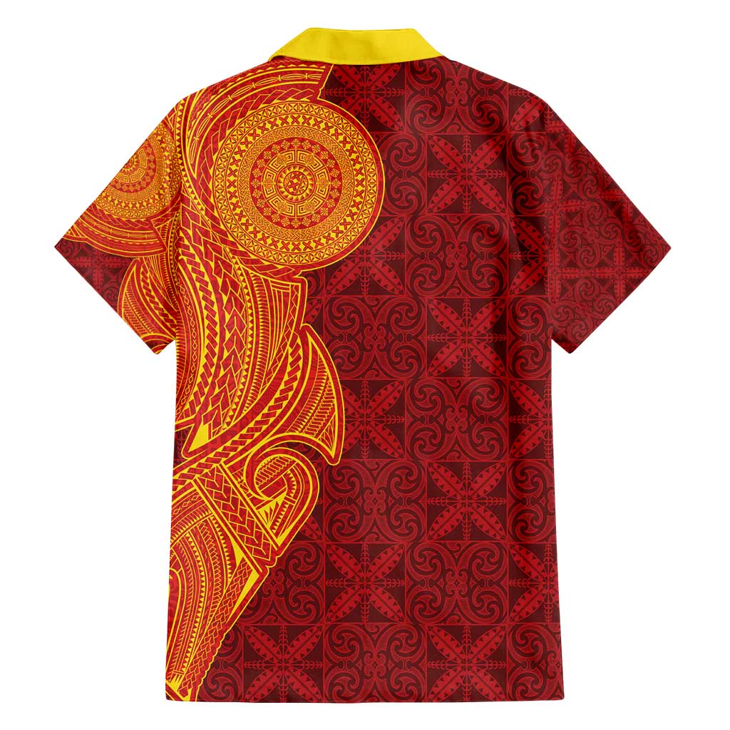 Niue Polynesian Hiapo Tattoo Art Family Matching Off Shoulder Short Dress and Hawaiian Shirt Half Style Red Yellow Color - Polynesian Pride