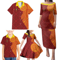 Niue Polynesian Hiapo Tattoo Art Family Matching Puletasi and Hawaiian Shirt Half Style Red Yellow Color - Polynesian Pride