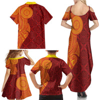 Niue Polynesian Hiapo Tattoo Art Family Matching Summer Maxi Dress and Hawaiian Shirt Half Style Red Yellow Color - Polynesian Pride