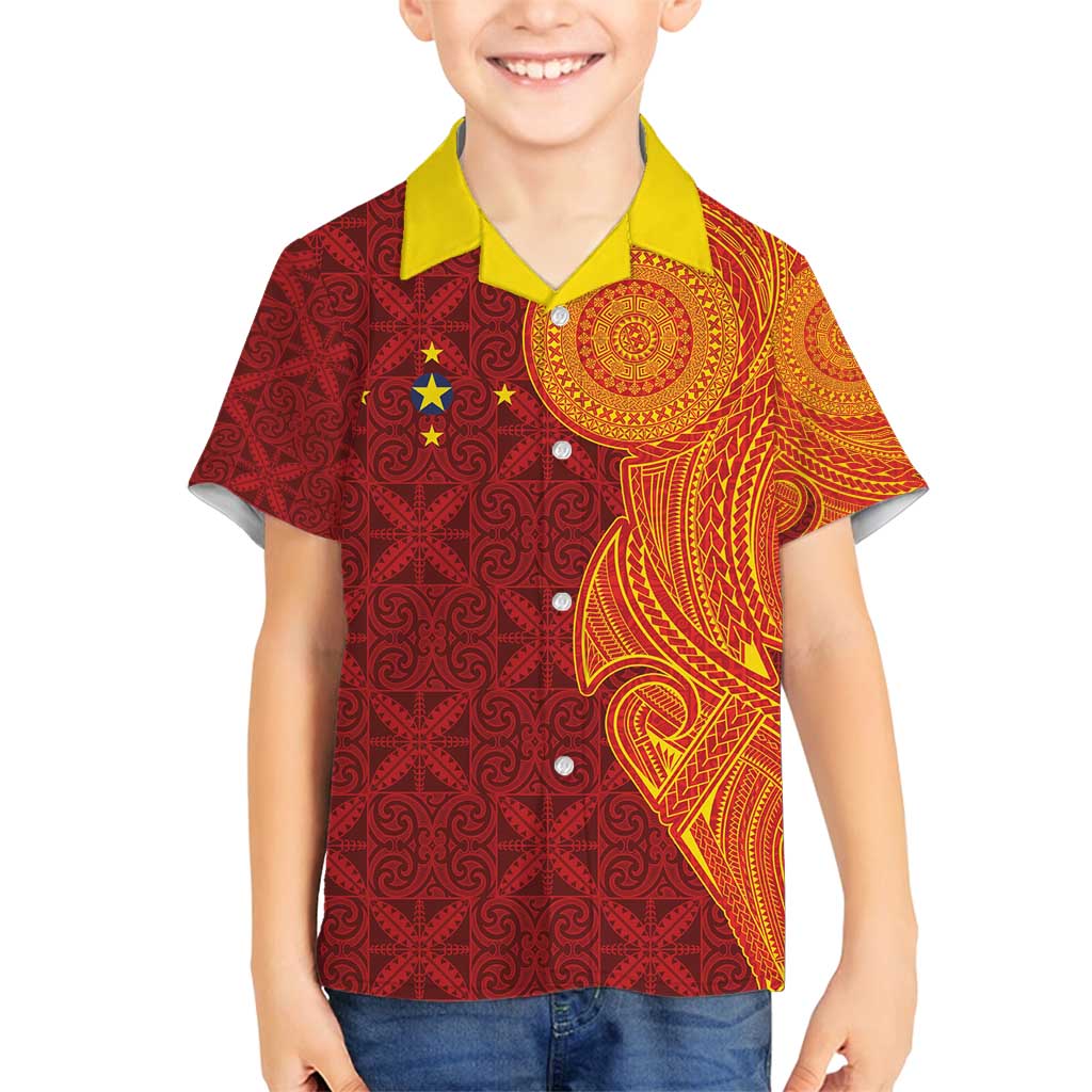 Niue Polynesian Hiapo Tattoo Art Family Matching Summer Maxi Dress and Hawaiian Shirt Half Style Red Yellow Color - Polynesian Pride