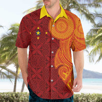 Niue Polynesian Hiapo Tattoo Art Hawaiian Shirt Half Style Red Yellow Color - Polynesian Pride