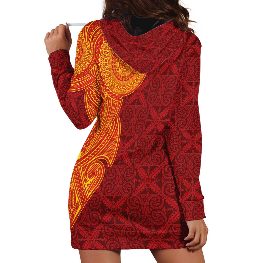 Niue Polynesian Hiapo Tattoo Art Hoodie Dress Half Style Red Yellow Color - Polynesian Pride