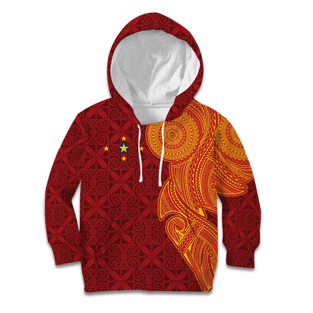 Niue Polynesian Hiapo Tattoo Art Kid Hoodie Half Style Red Yellow Color - Polynesian Pride