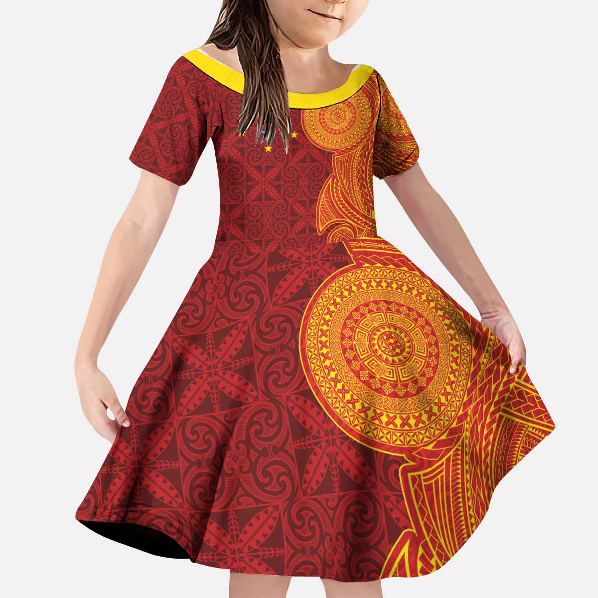 Niue Polynesian Hiapo Tattoo Art Kid Short Sleeve Dress Half Style Red Yellow Color - Polynesian Pride