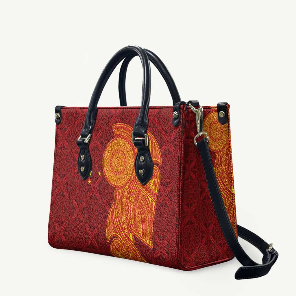 Niue Polynesian Hiapo Tattoo Art Leather Bag Half Style Red Yellow Color - Polynesian Pride