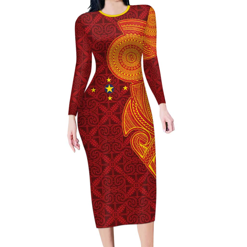 Niue Polynesian Hiapo Tattoo Art Long Sleeve Bodycon Dress Half Style Red Yellow Color - Polynesian Pride