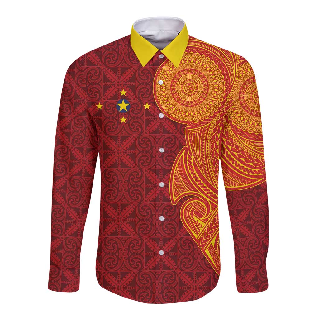 Niue Polynesian Hiapo Tattoo Art Long Sleeve Button Shirt Half Style Red Yellow Color - Polynesian Pride