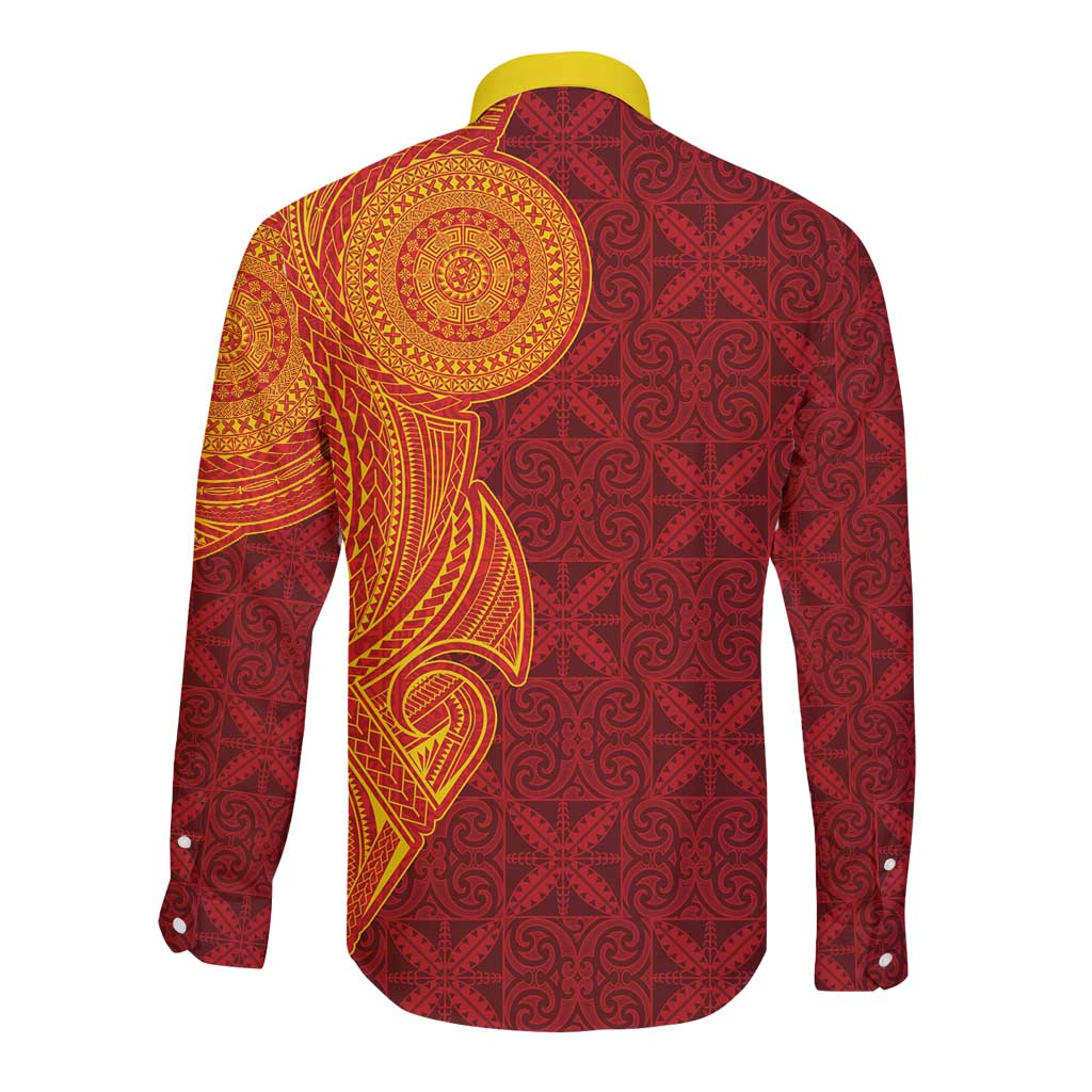 Niue Polynesian Hiapo Tattoo Art Long Sleeve Button Shirt Half Style Red Yellow Color - Polynesian Pride