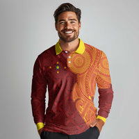 Niue Polynesian Hiapo Tattoo Art Long Sleeve Polo Shirt Half Style Red Yellow Color - Polynesian Pride
