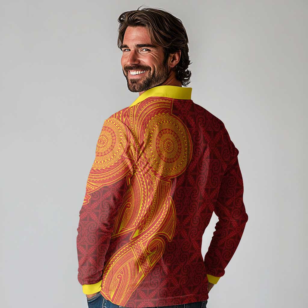 Niue Polynesian Hiapo Tattoo Art Long Sleeve Polo Shirt Half Style Red Yellow Color - Polynesian Pride