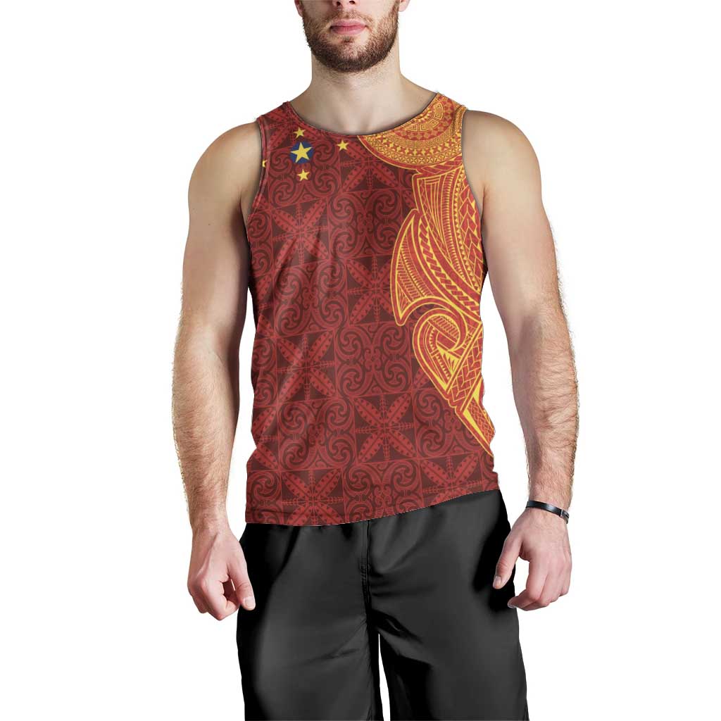 Niue Polynesian Hiapo Tattoo Art Men Tank Top Half Style Red Yellow Color - Polynesian Pride