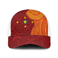 Niue Polynesian Hiapo Tattoo Art Mesh Trucker Cap Half Style Red Yellow Color - Polynesian Pride