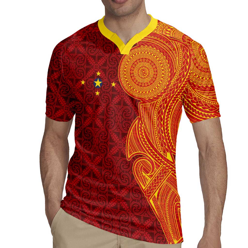 Niue Polynesian Hiapo Tattoo Art Rugby Jersey Half Style Red Yellow Color - Polynesian Pride