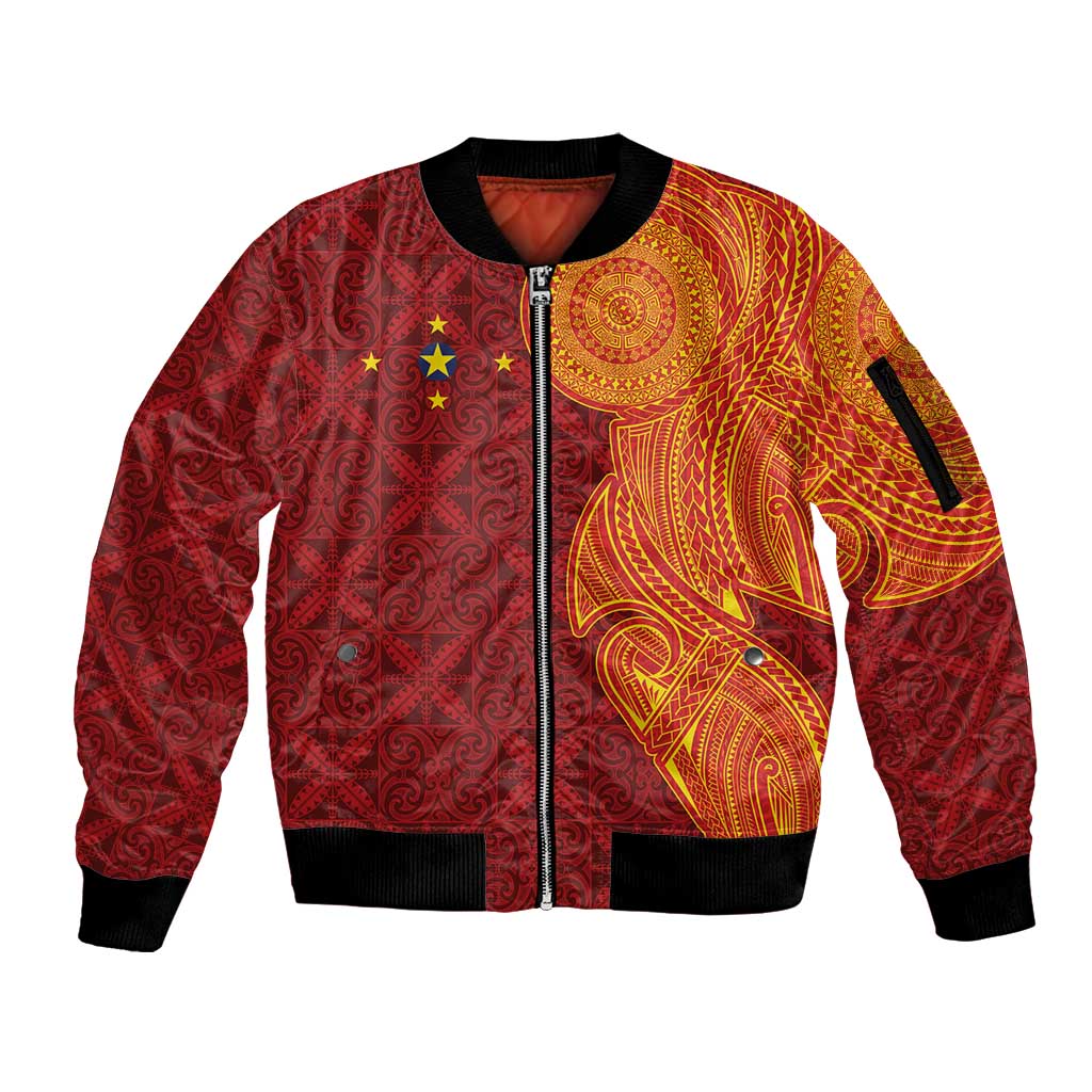 Niue Polynesian Hiapo Tattoo Art Sleeve Zip Bomber Jacket Half Style Red Yellow Color - Polynesian Pride