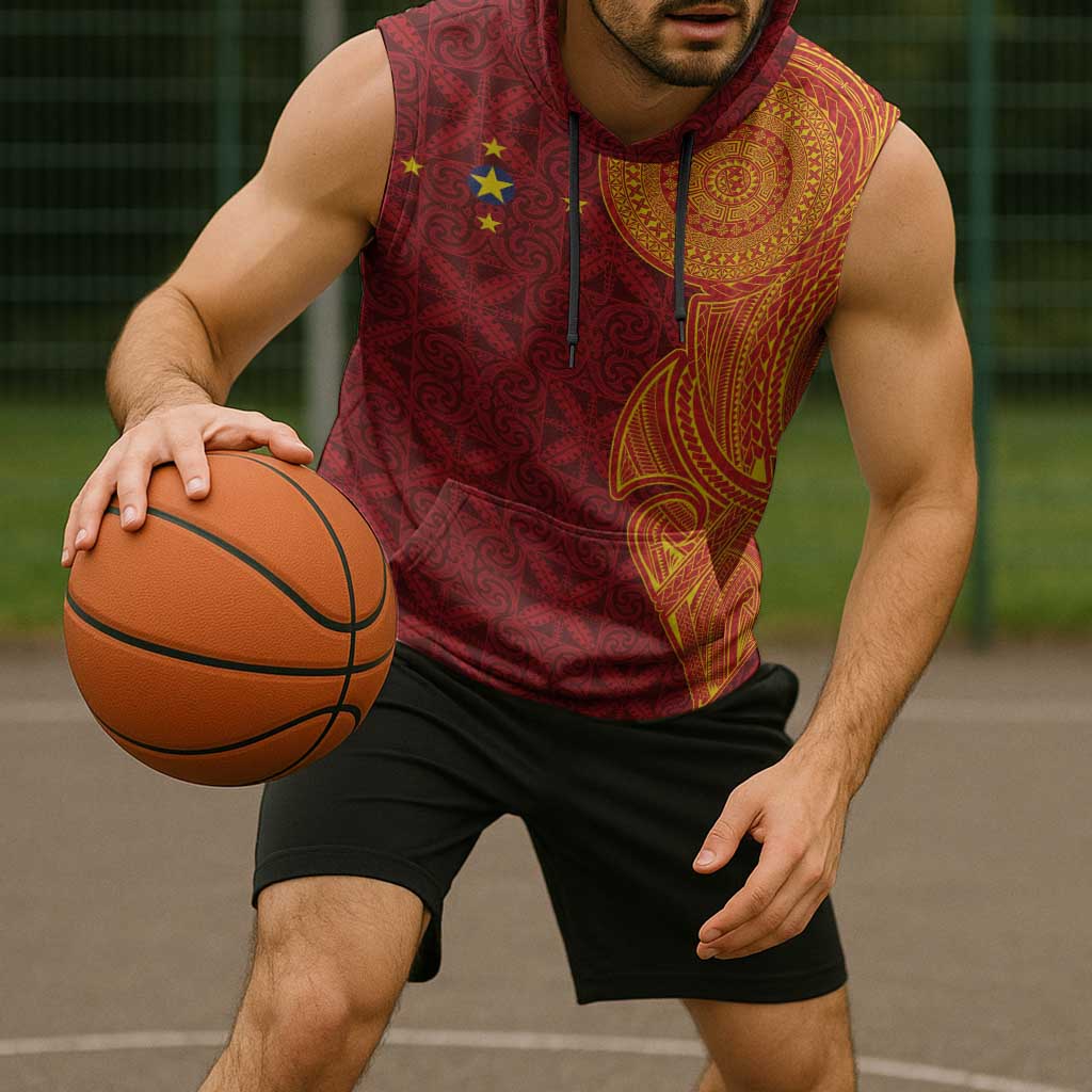 Niue Polynesian Hiapo Tattoo Art Sleeveless Hoodie Half Style Red Yellow Color - Polynesian Pride