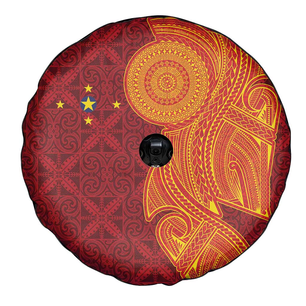 Niue Polynesian Hiapo Tattoo Art Spare Tire Cover Half Style Red Yellow Color - Polynesian Pride
