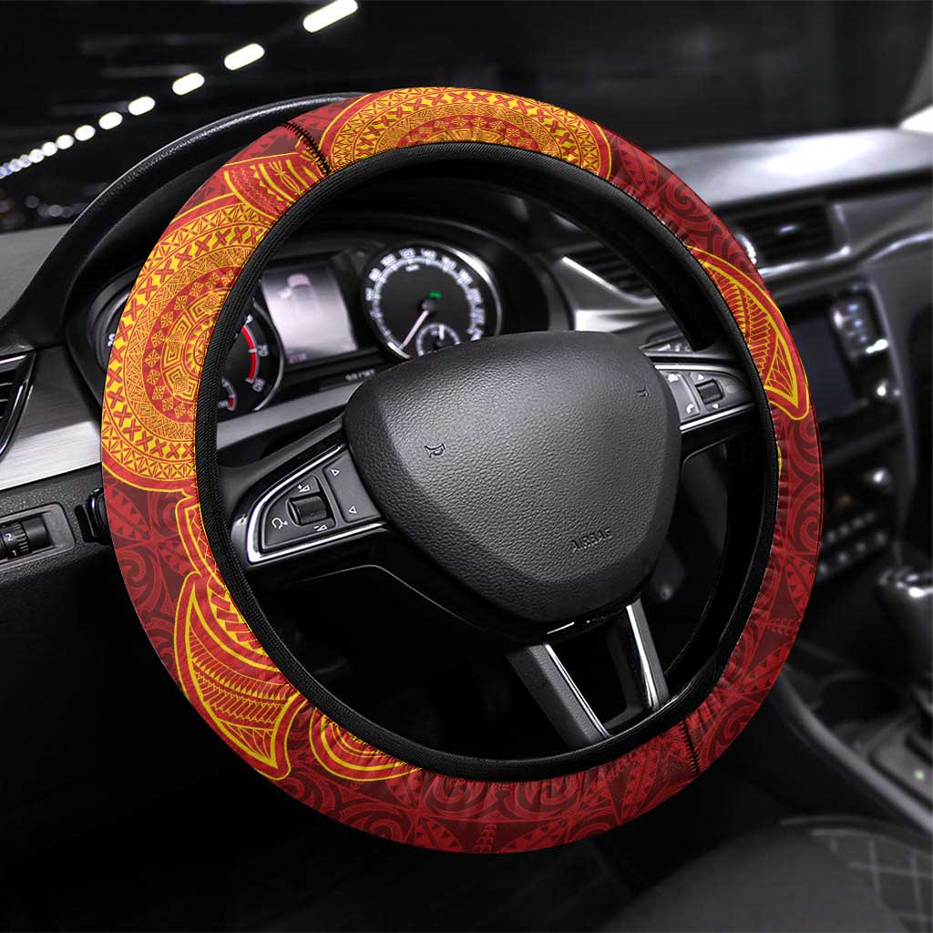 Niue Polynesian Hiapo Tattoo Art Steering Wheel Cover Half Style Red Yellow Color - Polynesian Pride