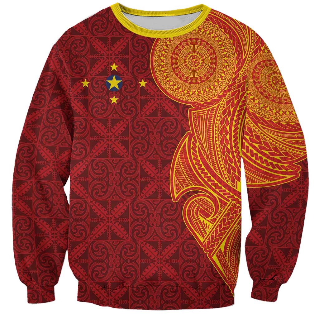 Niue Polynesian Hiapo Tattoo Art Sweatshirt Half Style Red Yellow Color - Polynesian Pride