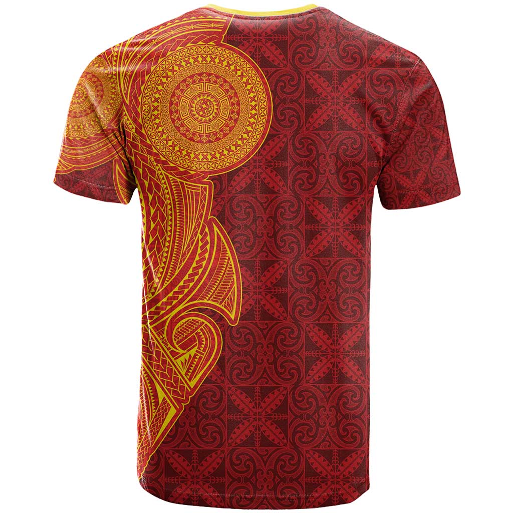 Niue Polynesian Hiapo Tattoo Art T Shirt Half Style Red Yellow Color - Polynesian Pride