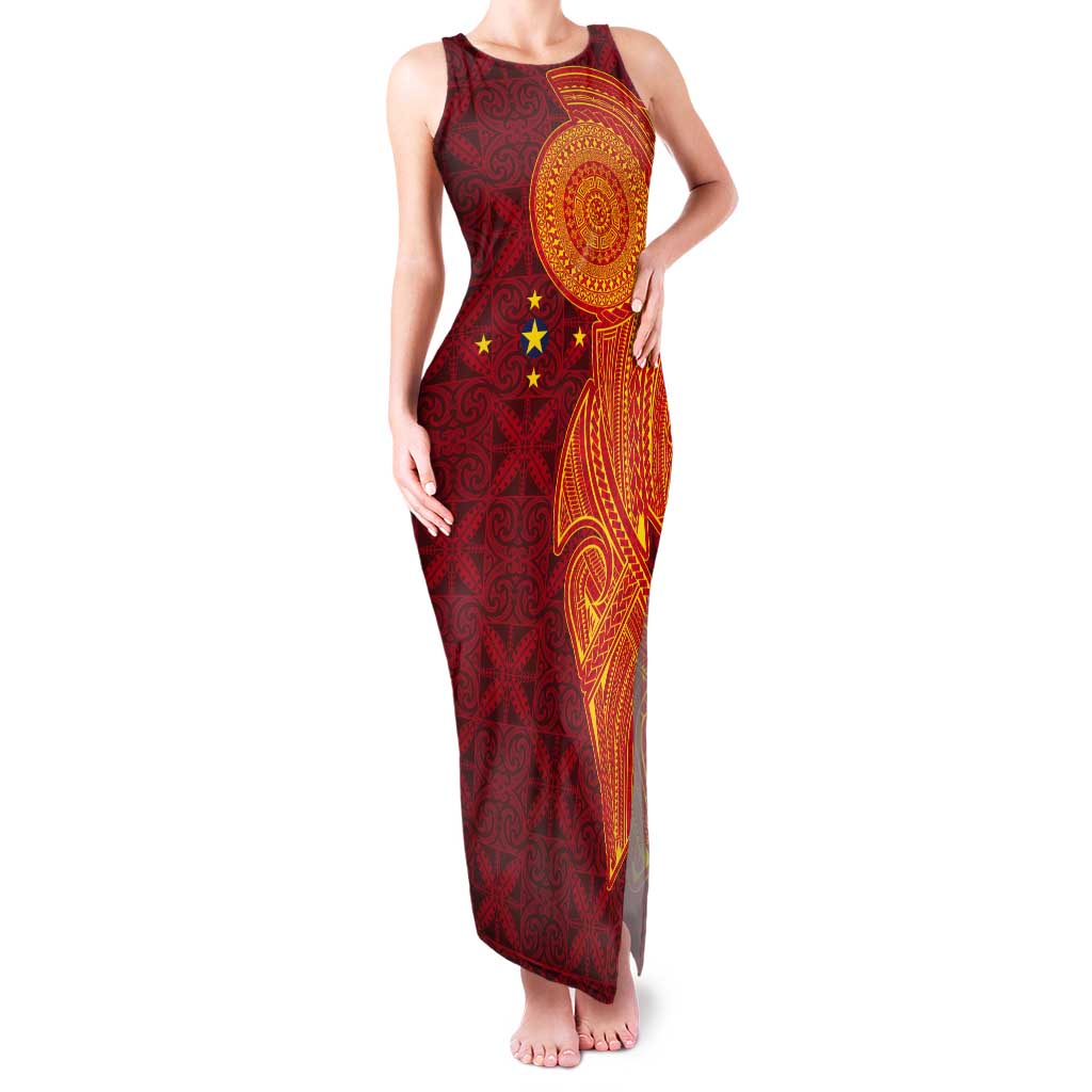 Niue Polynesian Hiapo Tattoo Art Tank Maxi Dress Half Style Red Yellow Color - Polynesian Pride