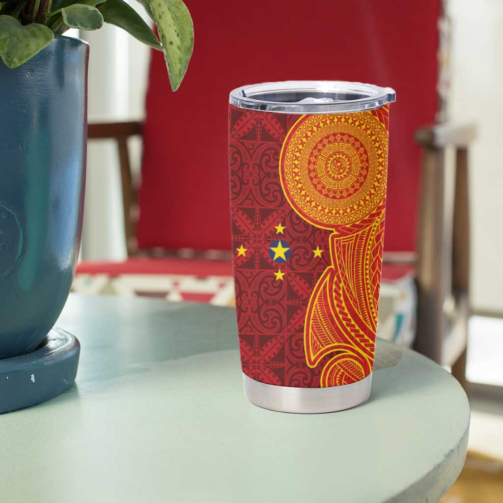 Niue Polynesian Hiapo Tattoo Art Tumbler Cup Half Style Red Yellow Color - Polynesian Pride
