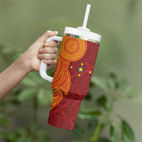 Niue Polynesian Hiapo Tattoo Art Tumbler With Handle Half Style Red Yellow Color - Polynesian Pride