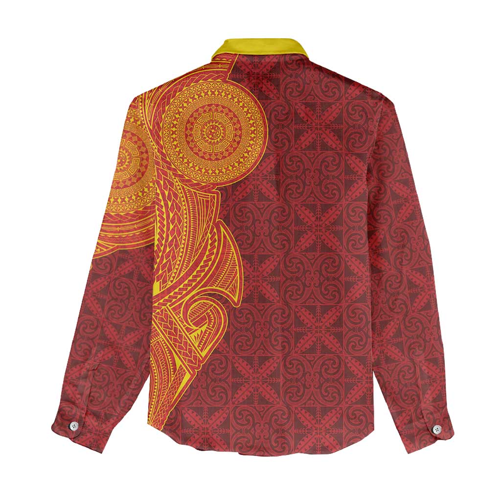 Niue Polynesian Hiapo Tattoo Art Women Casual Shirt Half Style Red Yellow Color - Polynesian Pride