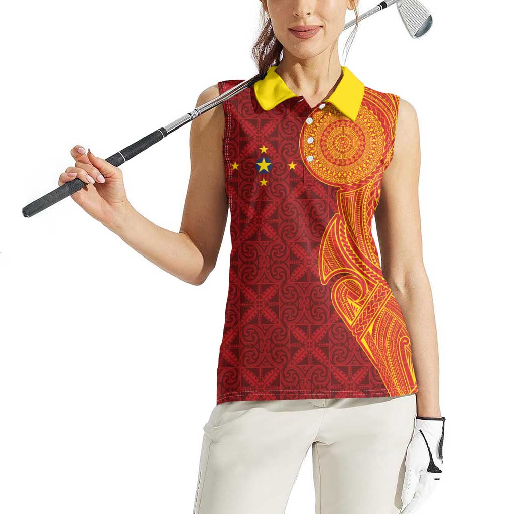 Niue Polynesian Hiapo Tattoo Art Women Sleeveless Polo Shirt Half Style Red Yellow Color - Polynesian Pride