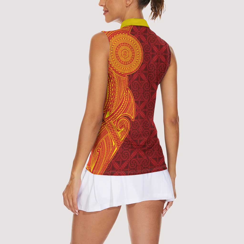 Niue Polynesian Hiapo Tattoo Art Women Sleeveless Polo Shirt Half Style Red Yellow Color - Polynesian Pride