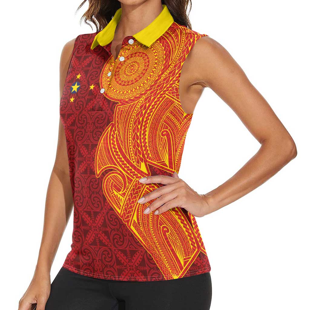 Niue Polynesian Hiapo Tattoo Art Women Sleeveless Polo Shirt Half Style Red Yellow Color - Polynesian Pride
