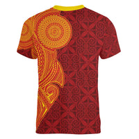Niue Polynesian Hiapo Tattoo Art Women V-Neck T-Shirt Half Style Red Yellow Color - Polynesian Pride