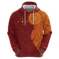 Niue Polynesian Hiapo Tattoo Art Zip Hoodie Half Style Red Yellow Color - Polynesian Pride