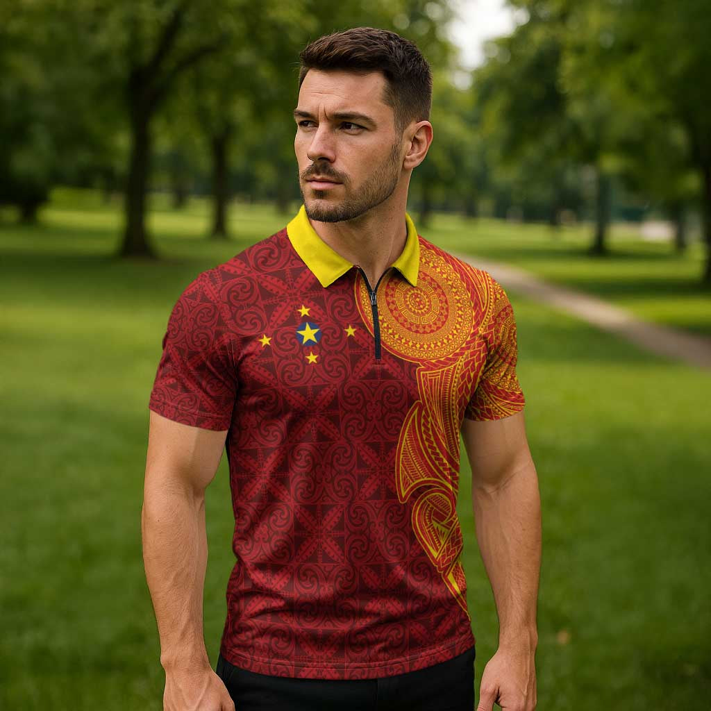 Niue Polynesian Hiapo Tattoo Art Zipper Polo Shirt Half Style Red Yellow Color - Polynesian Pride